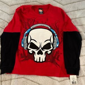 NWT Rudeboyz Sz Small Boys Long Sleeve Tee Shirt. Red & Black Skull w/Headphones